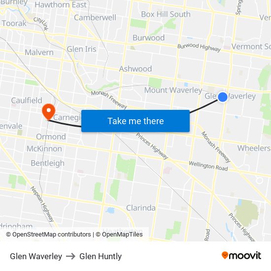 Glen Waverley to Glen Huntly map