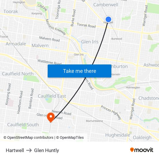 Hartwell to Glen Huntly map