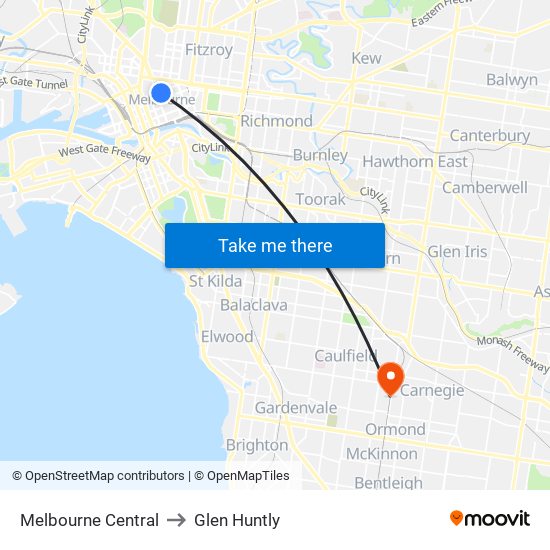Melbourne Central to Glen Huntly map