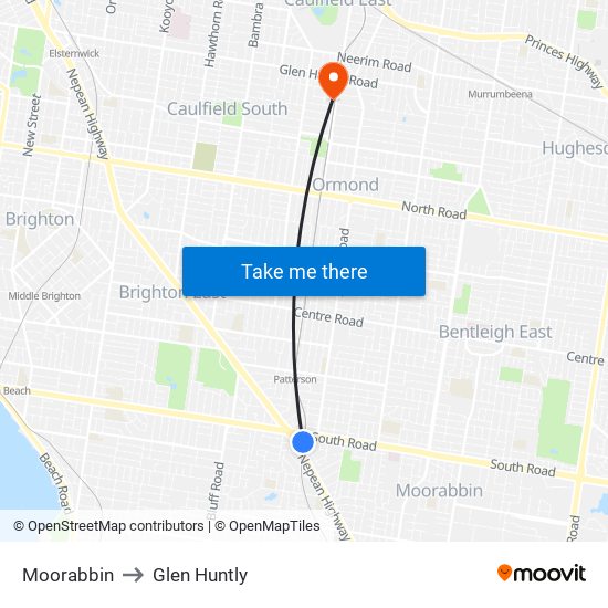 Moorabbin to Glen Huntly map