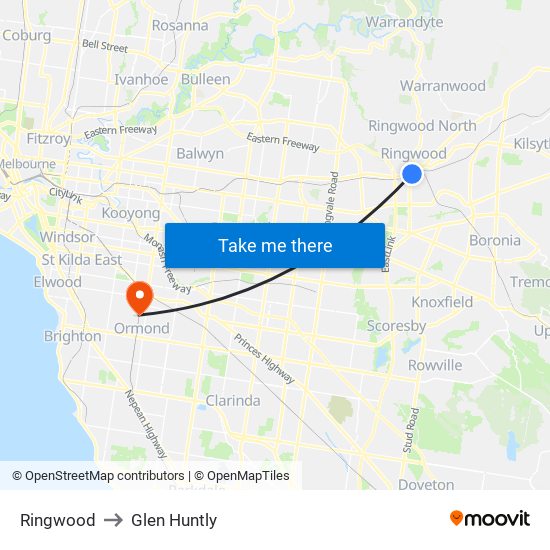 Ringwood to Glen Huntly map