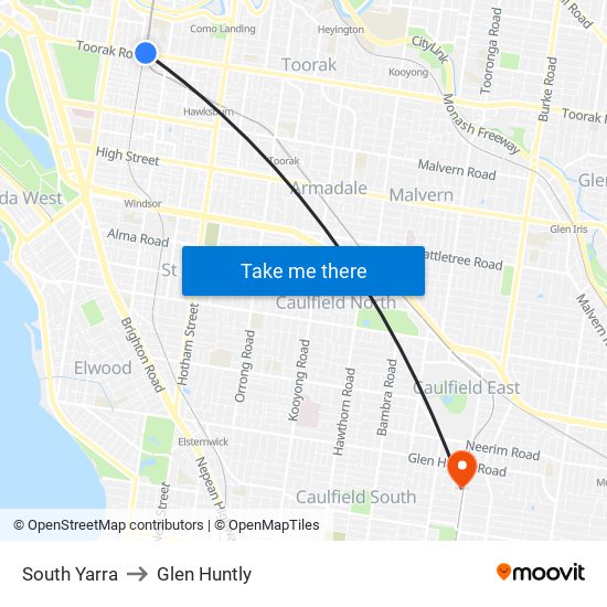 South Yarra to Glen Huntly map