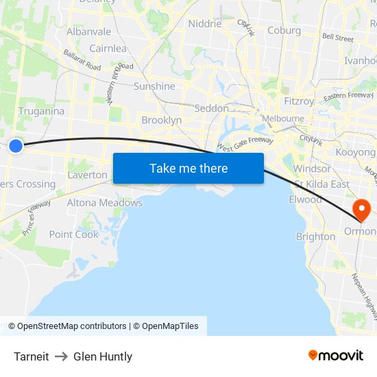 Tarneit to Glen Huntly map