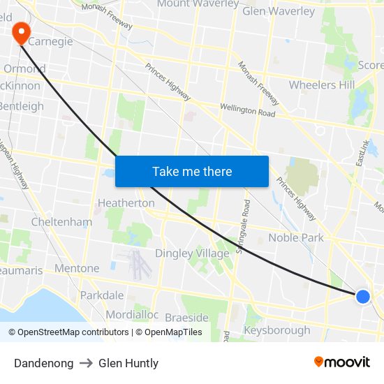 Dandenong to Glen Huntly map