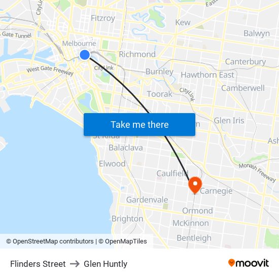 Flinders Street to Glen Huntly map