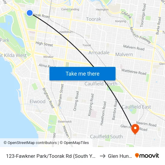 Fawkner Park/Toorak Rd #123 to Glen Huntly map