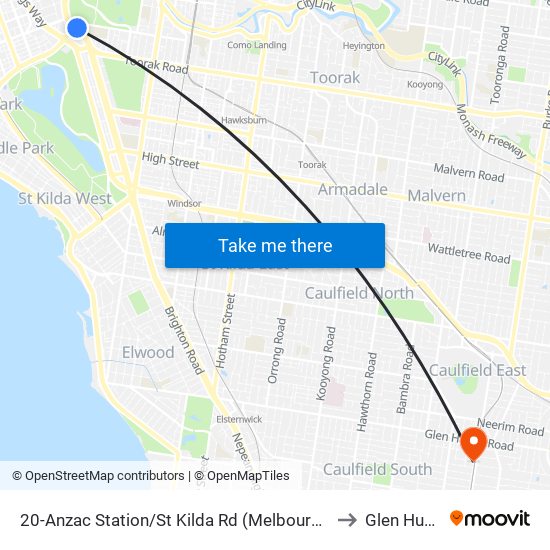 20-Anzac Station/St Kilda Rd (Melbourne City) to Glen Huntly map