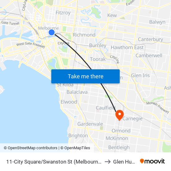 11-City Square/Swanston St (Melbourne City) to Glen Huntly map