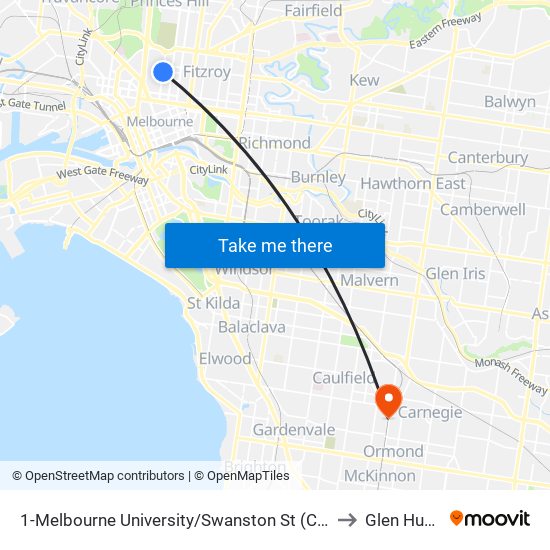 1-Melbourne University/Swanston St (Carlton) to Glen Huntly map