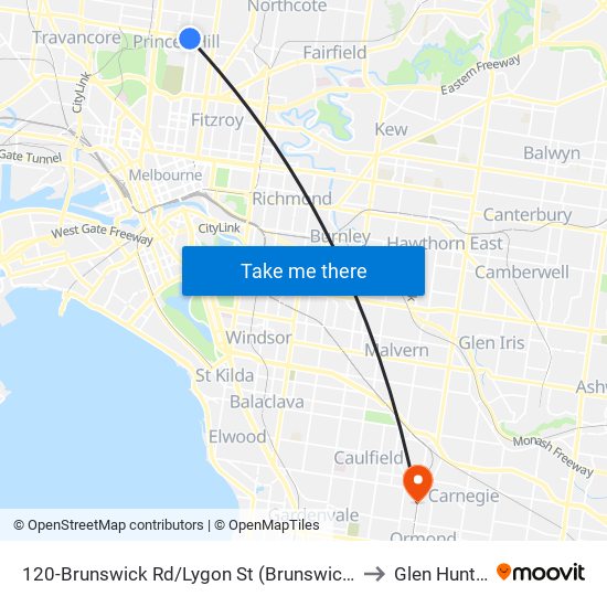 120-Brunswick Rd/Lygon St (Brunswick) to Glen Huntly map