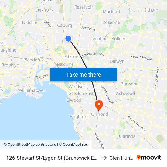 126-Stewart St/Lygon St (Brunswick East) to Glen Huntly map