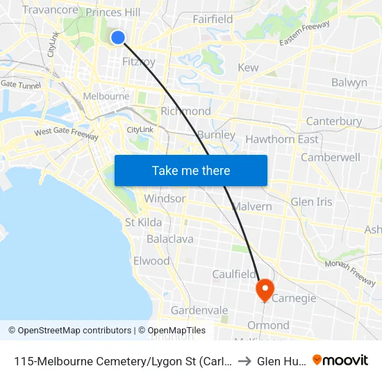 Melbourne Cemetery/Lygon St #115 to Glen Huntly map