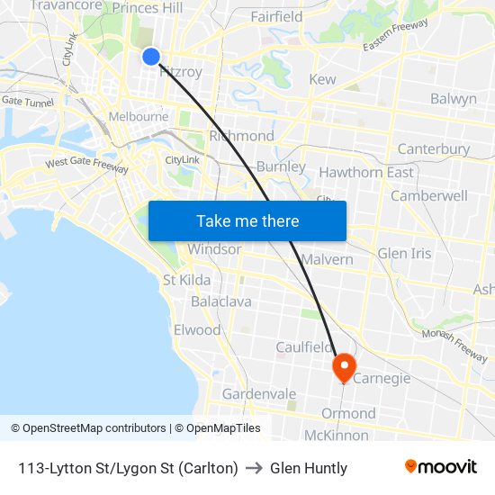 113-Lytton St/Lygon St (Carlton) to Glen Huntly map