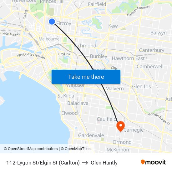 112-Lygon St/Elgin St (Carlton) to Glen Huntly map