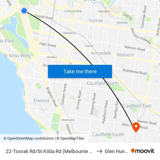 22-Toorak Rd/St Kilda Rd (Melbourne City) to Glen Huntly map