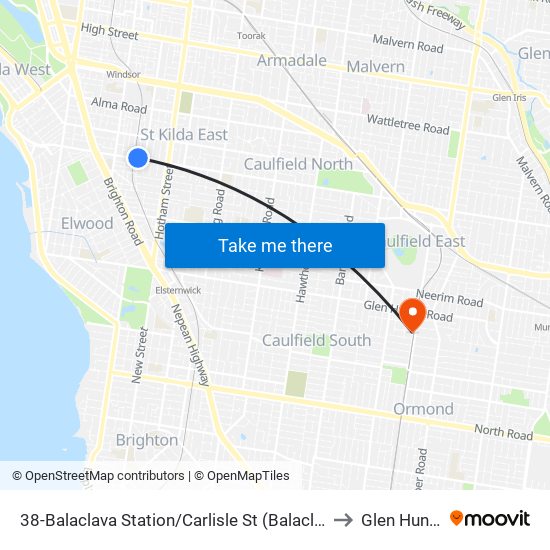 38-Balaclava Station/Carlisle St (Balaclava) to Glen Huntly map