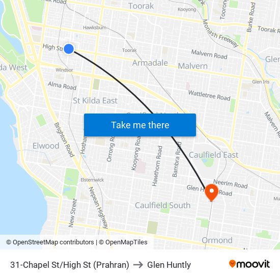 31-Chapel St/High St (Prahran) to Glen Huntly map