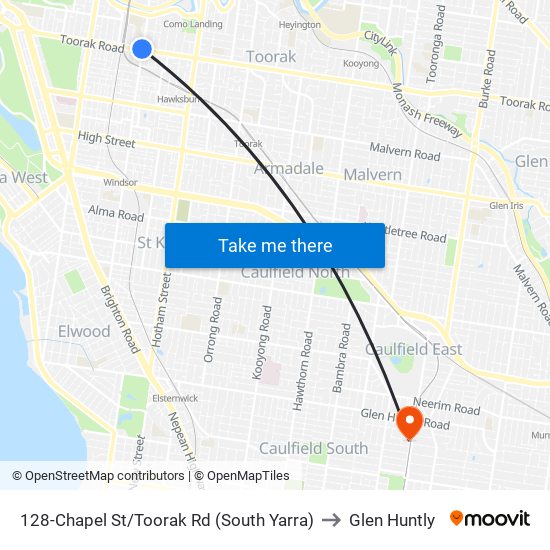 128-Chapel St/Toorak Rd (South Yarra) to Glen Huntly map