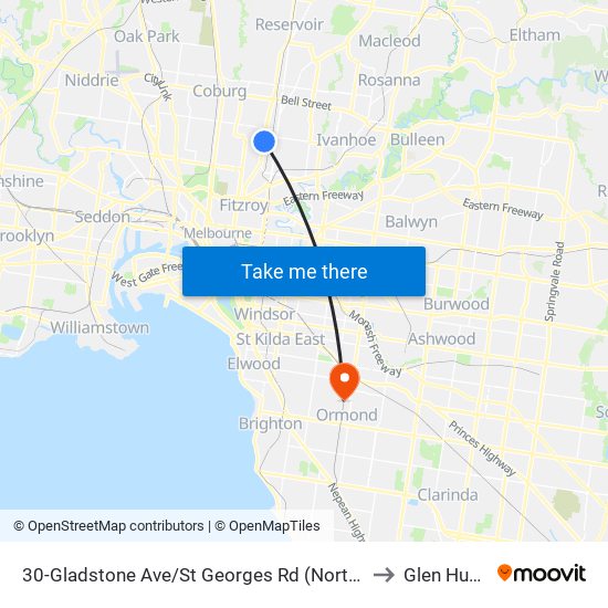 30-Gladstone Ave/St Georges Rd (Northcote) to Glen Huntly map