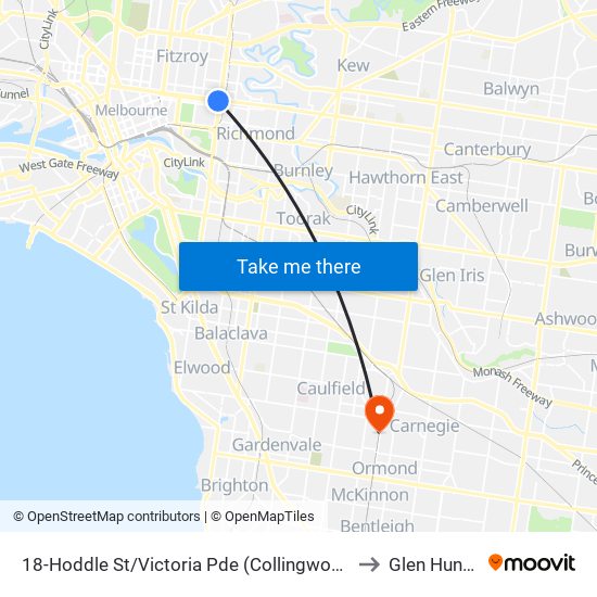 18-Hoddle St/Victoria Pde (Collingwood) to Glen Huntly map