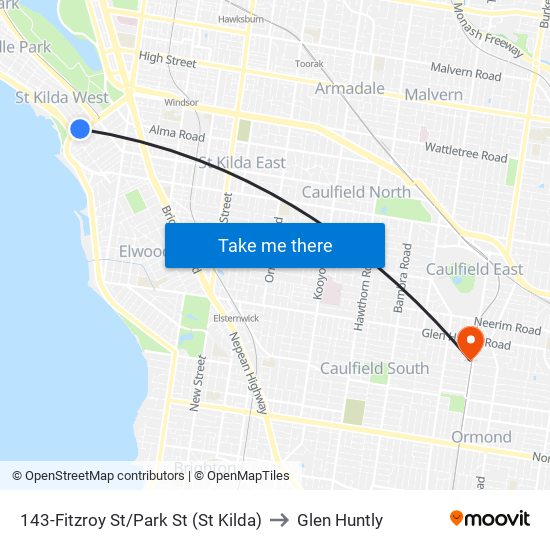 143-Fitzroy St/Park St (St Kilda) to Glen Huntly map