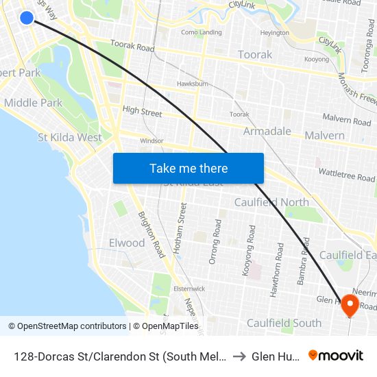 128-Dorcas St/Clarendon St (South Melbourne) to Glen Huntly map