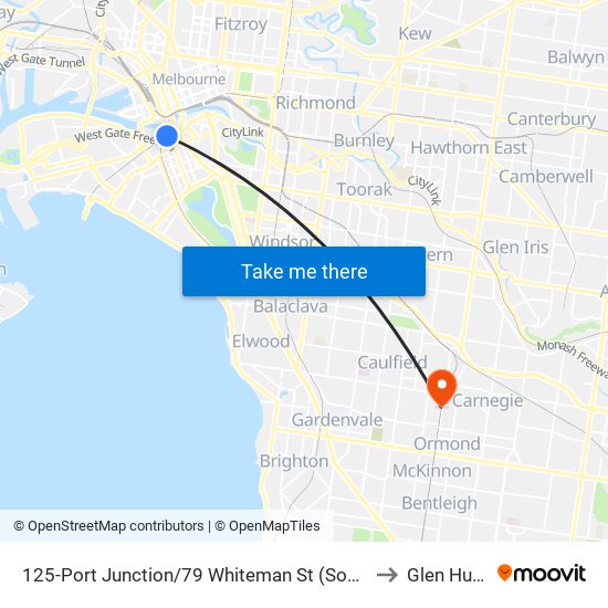 125-Port Junction/79 Whiteman St (Southbank) to Glen Huntly map