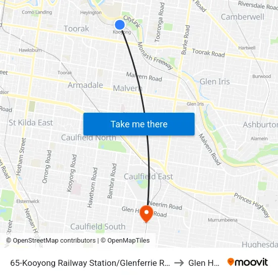 Kooyong Railway Station/Glenferrie Rd #65 to Glen Huntly map