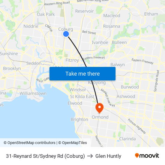 31-Reynard St/Sydney Rd (Coburg) to Glen Huntly map