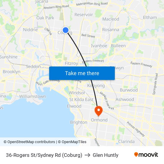 36-Rogers St/Sydney Rd (Coburg) to Glen Huntly map