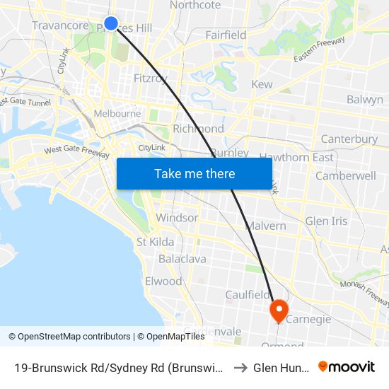 19-Brunswick Rd/Sydney Rd (Brunswick) to Glen Huntly map