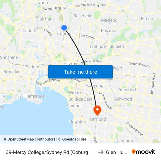 Mercy College/Sydney Rd #39 to Glen Huntly map
