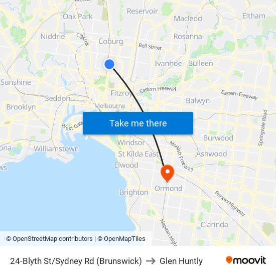 24-Blyth St/Sydney Rd (Brunswick) to Glen Huntly map