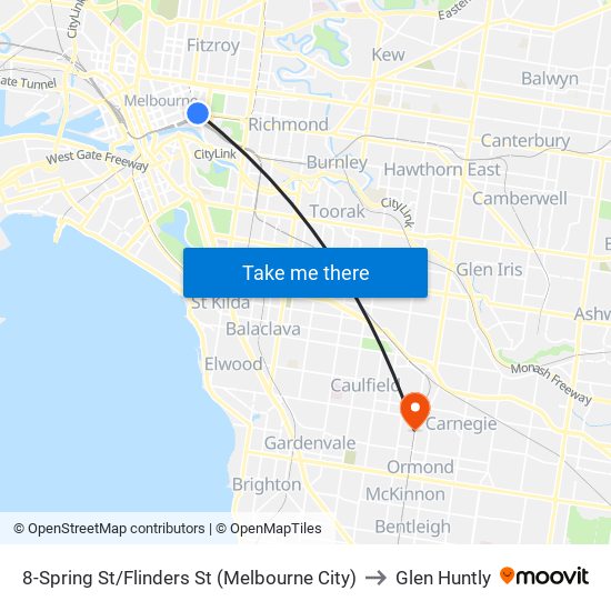 8-Spring St/Flinders St (Melbourne City) to Glen Huntly map