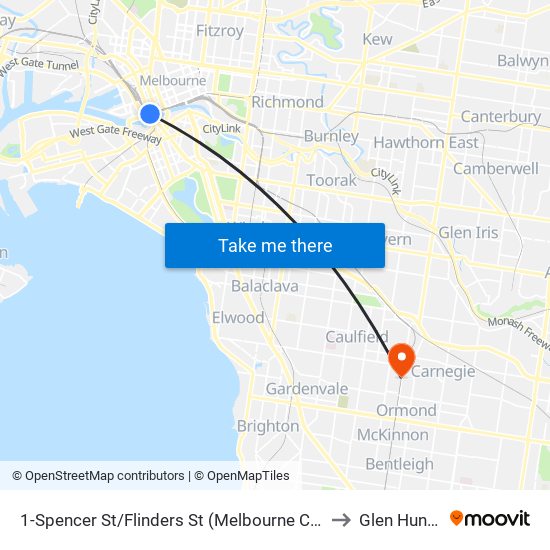 1-Spencer St/Flinders St (Melbourne City) to Glen Huntly map