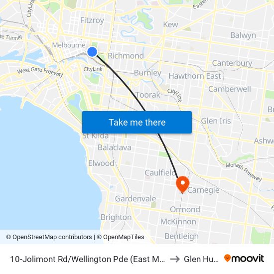 10-Jolimont Rd/Wellington Pde (East Melbourne) to Glen Huntly map