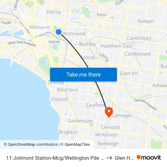 Jolimont Station-Mcg/Wellington Pde #11 to Glen Huntly map