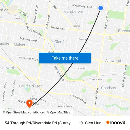 Through Rd/Riversdale Rd #54 to Glen Huntly map