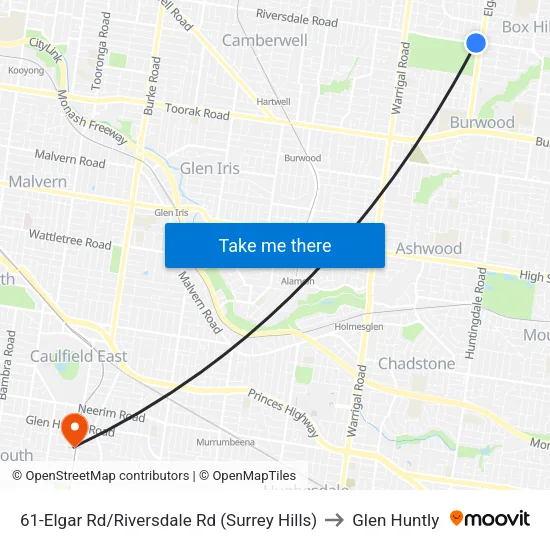 Elgar Rd/Riversdale Rd #61 to Glen Huntly map