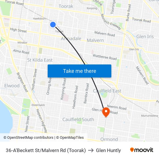 36-A'Beckett St/Malvern Rd (Toorak) to Glen Huntly map