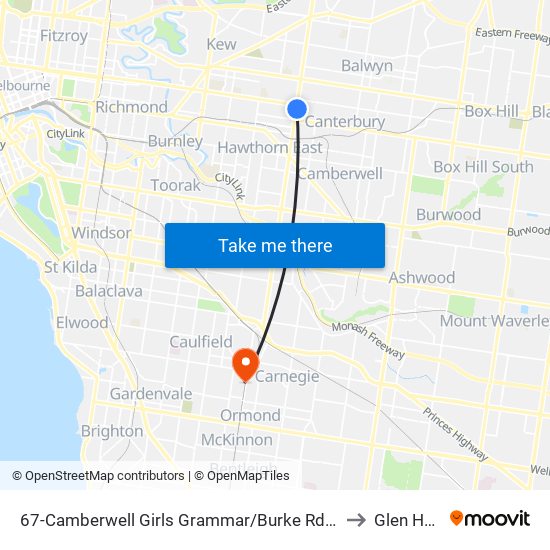 67-Camberwell Girls Grammar/Burke Rd (Canterbury) to Glen Huntly map