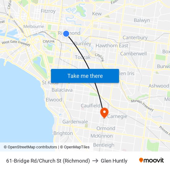 61-Bridge Rd/Church St (Richmond) to Glen Huntly map