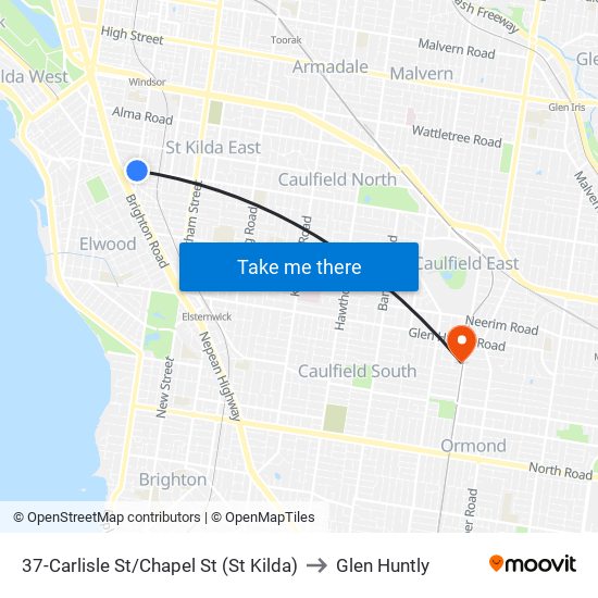 37-Carlisle St/Chapel St (St Kilda) to Glen Huntly map