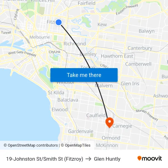 Johnston St/Smith St #19 to Glen Huntly map