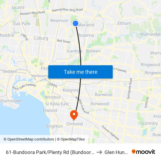 61-Bundoora Park/Plenty Rd (Bundoora) to Glen Huntly map