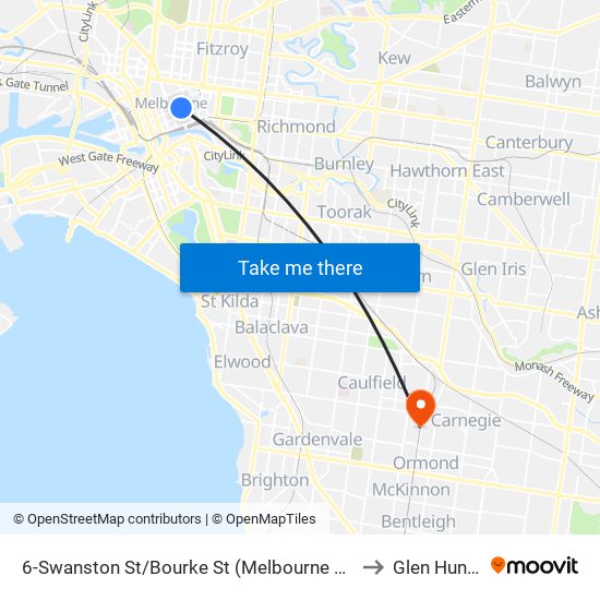 6-Swanston St/Bourke St (Melbourne City) to Glen Huntly map