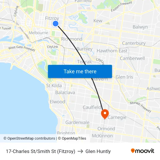 Charles St/Smith St #17 to Glen Huntly map