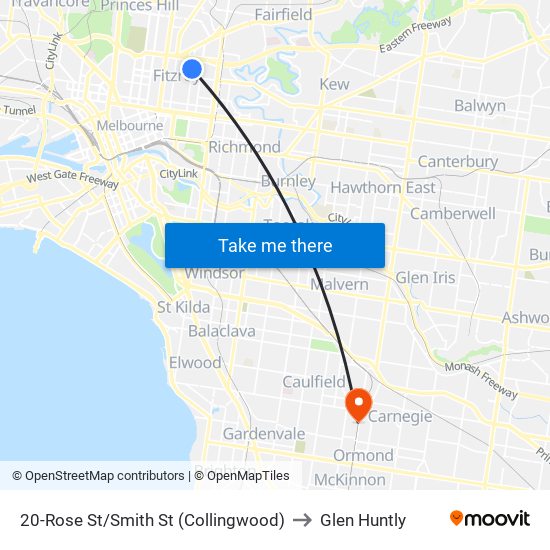 20-Rose St/Smith St (Collingwood) to Glen Huntly map
