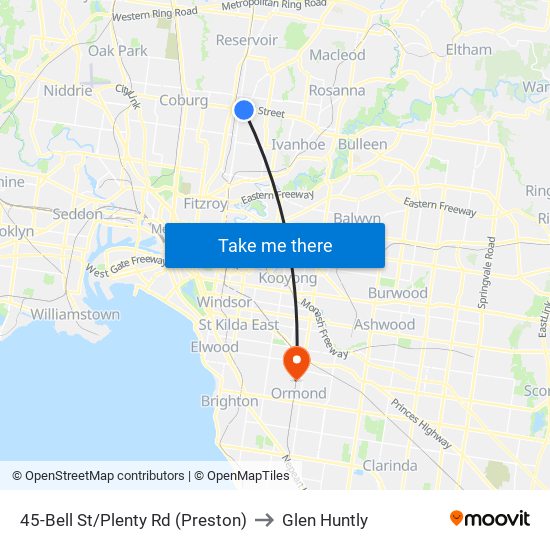 45-Bell St/Plenty Rd (Preston) to Glen Huntly map