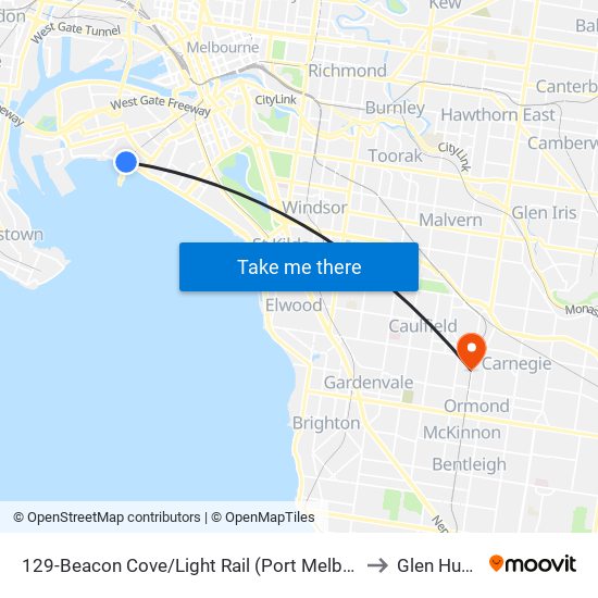 129-Beacon Cove/Light Rail (Port Melbourne) to Glen Huntly map